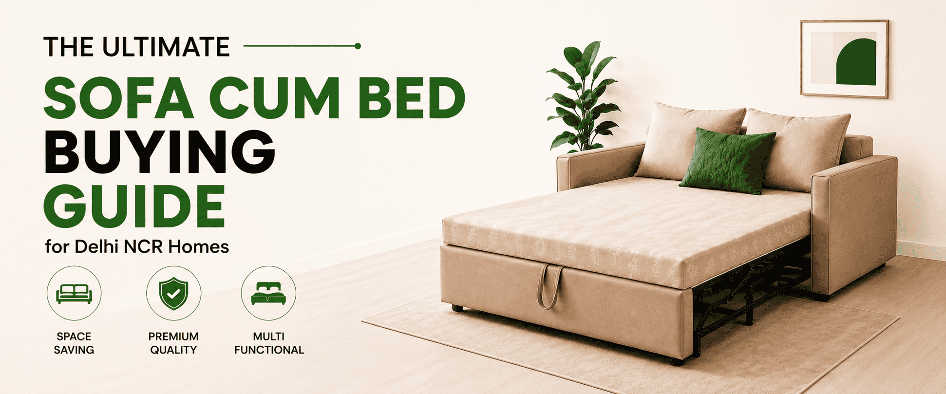 Relax Sofa Cum Bed buying guide banner showing premium sofa cum bed options for Delhi NCR homes with size and fabric comparison