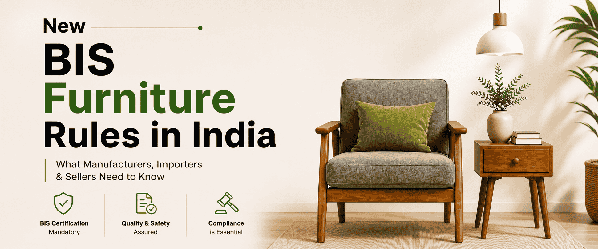New BIS furniture certification rules 2026 banner showing ISI mark compliance for sofas, beds and upholstered furniture in India