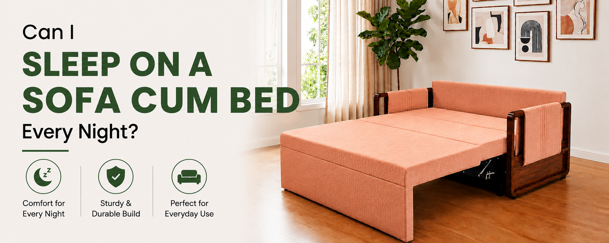 Sofa cum bed pulled out into a spacious bed, showing sturdy build and comfort for everyday sleep