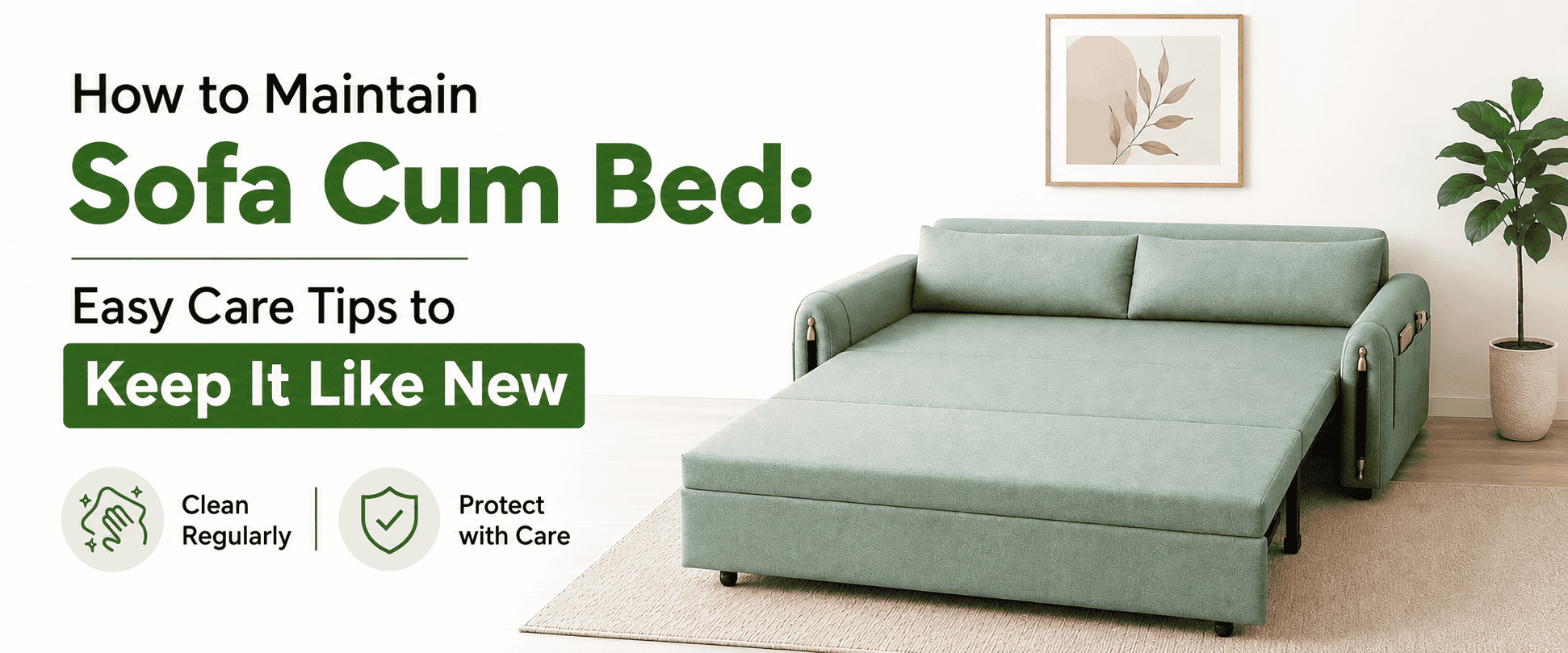 Relax Sofa Cum Bed maintenance guide banner showing a premium fabric sofa cum bed with cleaning and care icons, Delhi NCR