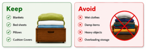 Sofa cum bed storage guide showing what to keep and what to avoid.