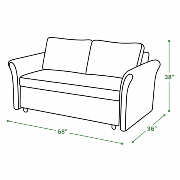 Philli Sofa Cum Bed sofa mode dimensions diagram - 68 inch width, 36 inch depth, 38 inch height