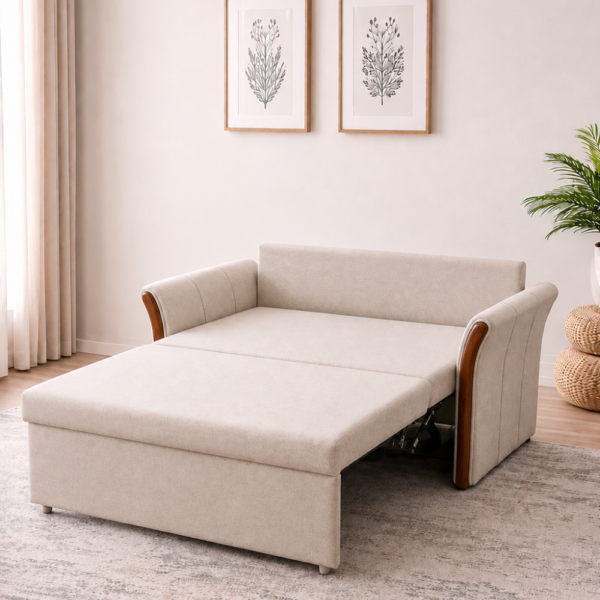 Philli Sofa Cum Bed pulled out into bed mode in modern living room with wooden armrests
