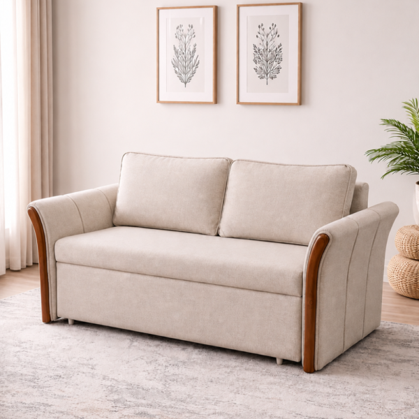 Philli Sofa Cum Bed styled in modern living room with wooden armrests and neutral decor