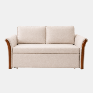 Philli Sofa Cum Bed front view - beige upholstered loveseat with wooden armrests by Relax Sofa Cum Bed
