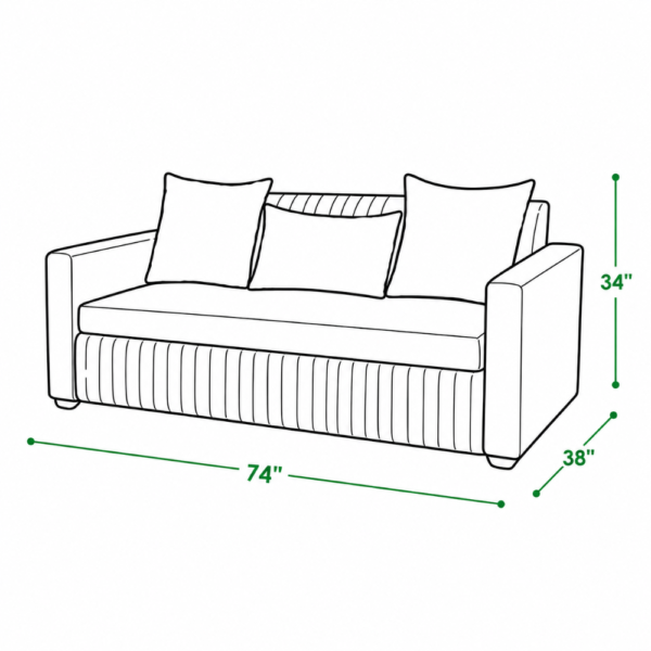 Dimension diagram of Classic 3-seater sofa cum bed — 74 inches wide, 38 inches deep in sofa mode