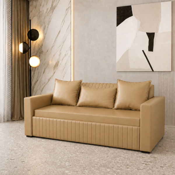 Classic beige leatherette sofa cum bed with storage in a modern living room with marble accent wall