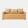Beige 3-seater sofa cum bed with storage, vertical channel tufting and three matching cushions, studio shot