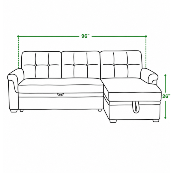 Cairo corner sofa cum bed dimensions — 96 inch width, 26 inch height