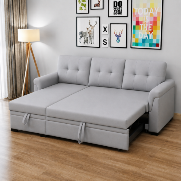 Cairo corner sofa cum bed converted into a bed showing storage compartments