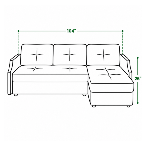 Lorin corner sofa cum bed dimensions — 104 inch width, 26 inch height
