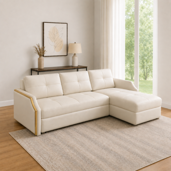 Lorin L corner sofa cum bed styled in a modern living room