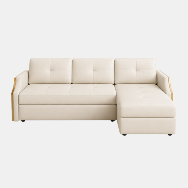 Lorin cream L-shaped corner sofa cum bed with gold accents, front view