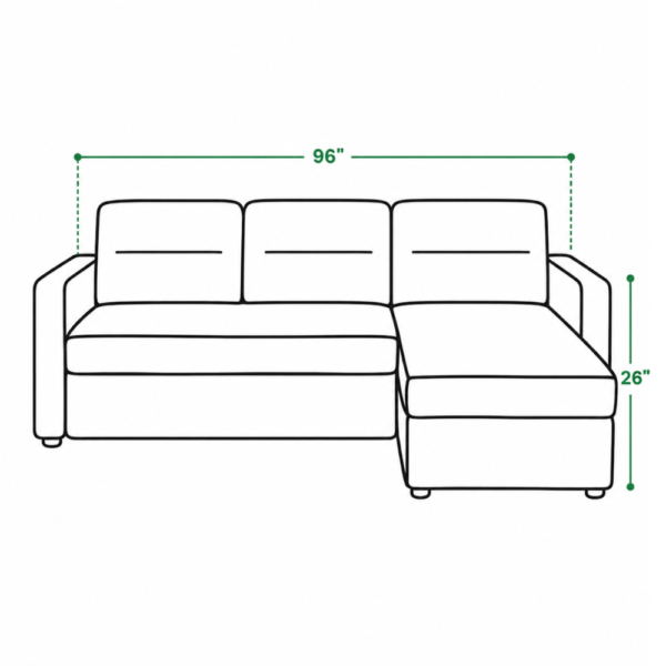 Aster corner sofa cum bed dimensions — 96 inch width, 26 inch height