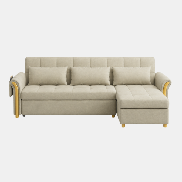 Jett beige L-shaped corner sofa cum bed with gold accents, front view