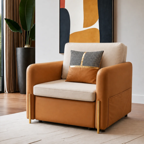 Cobi single seater sofa cum bed styled in a modern living room