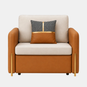 Cobi tan single seater sofa cum bed with gold accents, front view