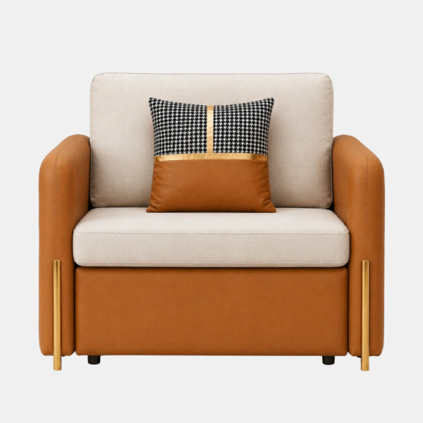 Cobi tan single seater sofa cum bed with gold accents, front view
