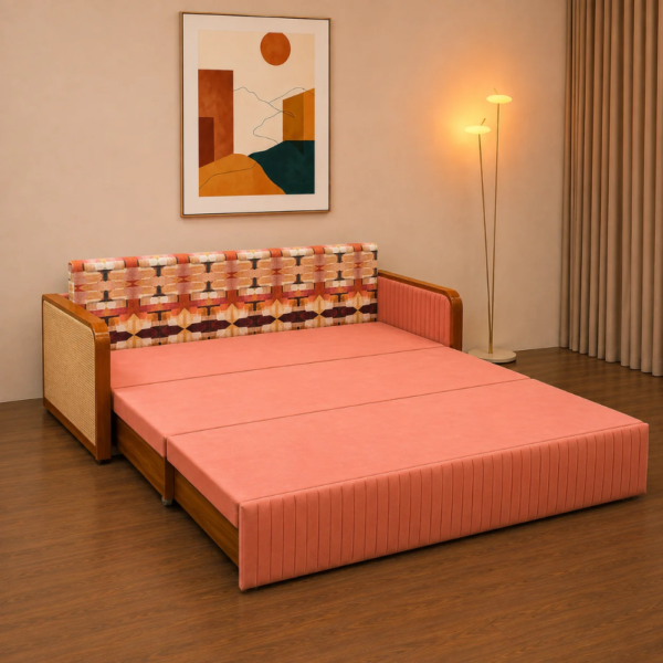 Nico sofa cum bed converted into a spacious bed with patterned headrest