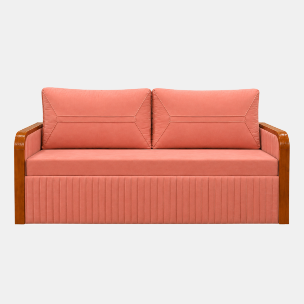 Nico pink sofa cum bed with storage, cane armrests, front view