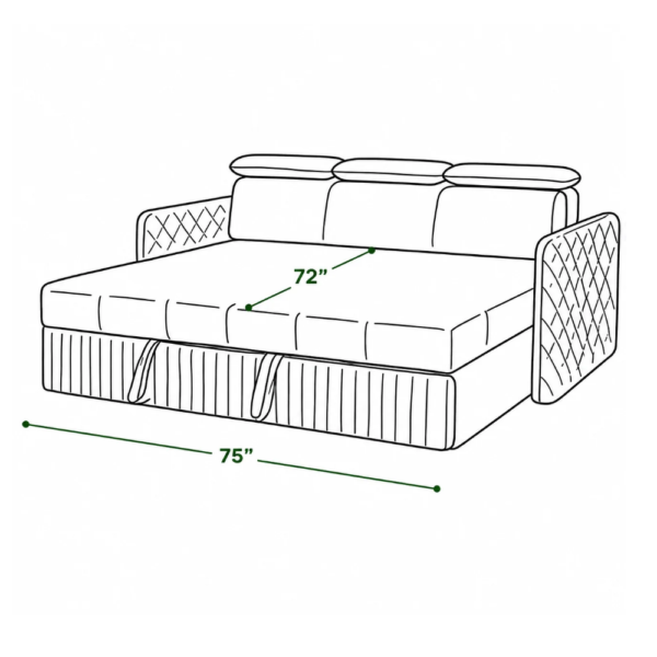Lio sofa cum bed in bed mode dimensions — 75 inch length, 72 inch width