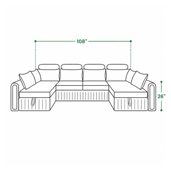 (dimension diagram, 108"x26") — Corner sofa bed with storage Noida dimensions — 108 in wide, 26 in high