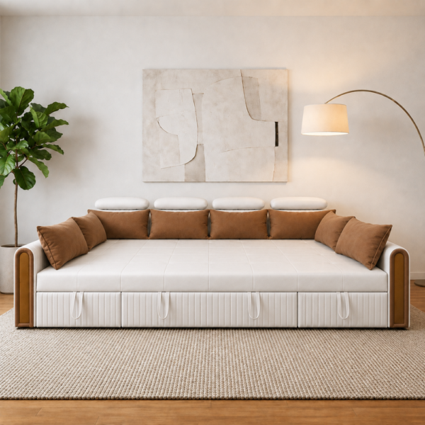 (lifestyle shot, bed mode) — Corner sofa bed with storage Noida unfolded into a spacious bed