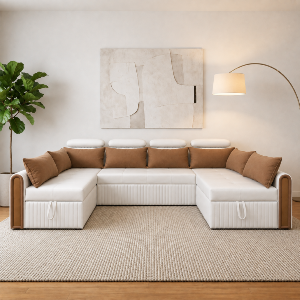 (lifestyle shot, sofa mode) — Corner sofa bed with storage Noida living room, Uro L-shape sofa