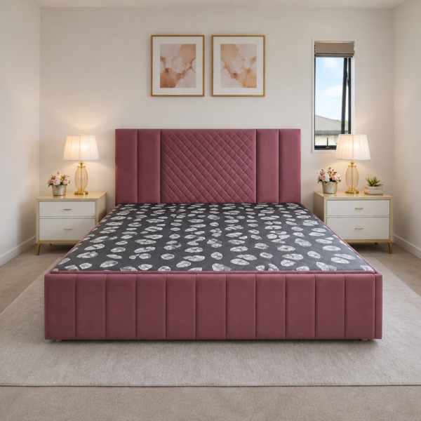 (lifestyle shot, with mattress on top) — Rosie diwan cum bed with storage Delhi shown with mattress in bedroom