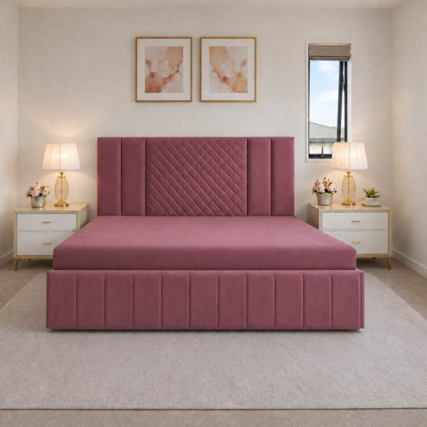 (lifestyle shot, bedroom setting) — Diwan cum bed with storage Delhi bedroom styled with Rosie in pink velvet