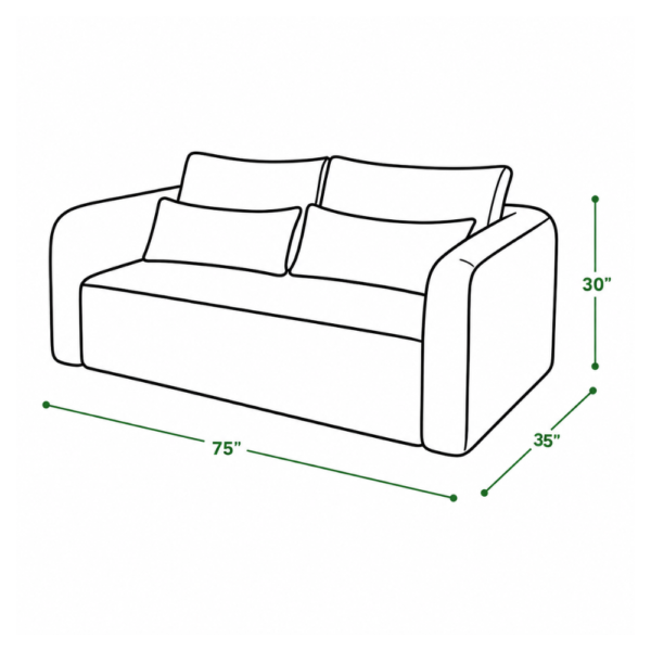 (dimension diagram, sofa mode, 75"x35"x30") — Sofa cum bed with storage Delhi dimensions — 75 in wide, 35 in deep, 30 in high
