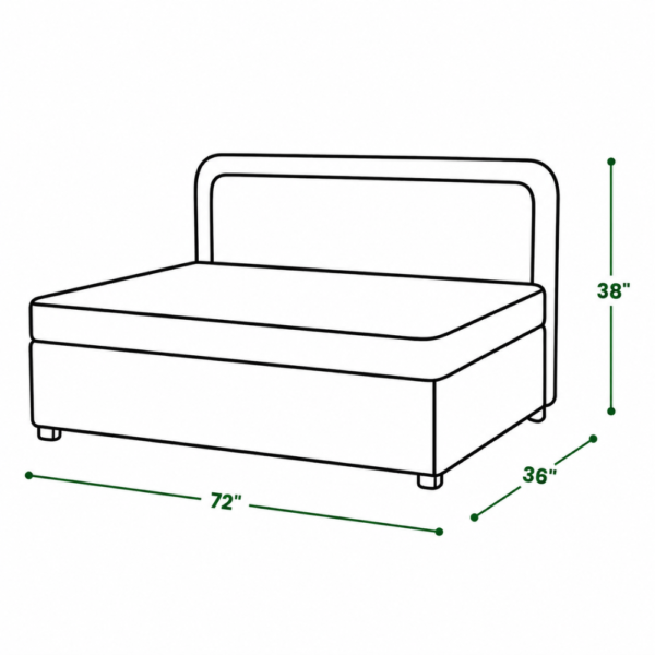 Dimension diagram of Rose diwan cum bed with storage — 72 inches wide, 36 inches deep, 38 inches high