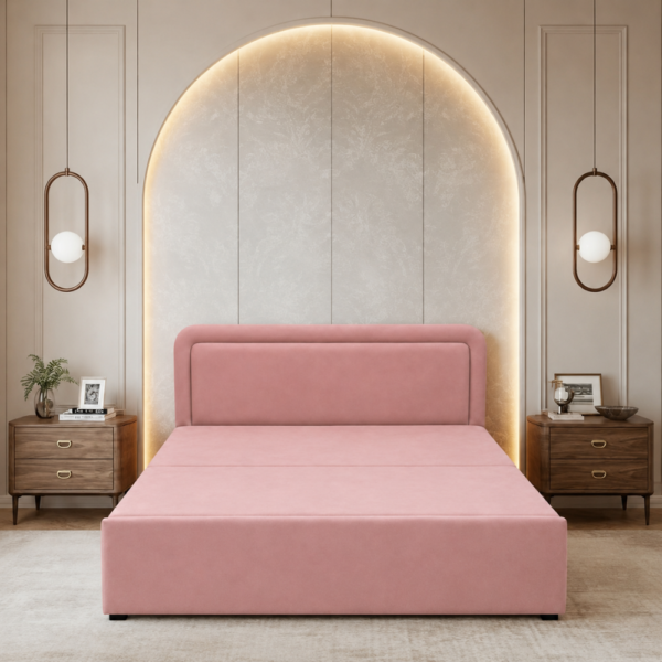 Rose diwan cum bed with padded headboard styled in an elegant bedroom setting, Sector 150 Delhi NCR