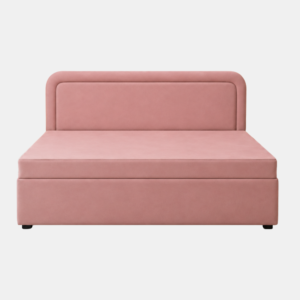 Rose diwan cum bed with storage in pink upholstery, padded headboard, front studio view