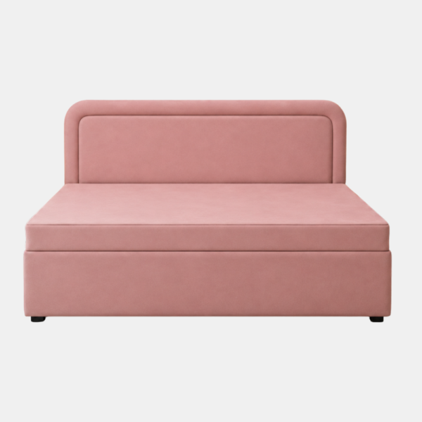 Rose diwan cum bed with storage in pink upholstery, padded headboard, front studio view