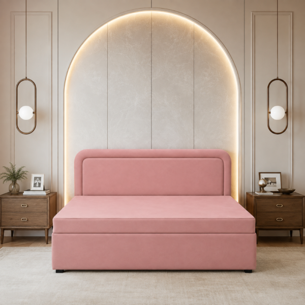 Rose pink diwan cum bed with storage in a modern bedroom with arched wall lighting