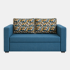Linear blue sofa cum bed with geometric print cushions, front view