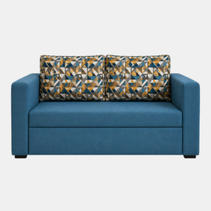 Linear blue sofa cum bed with geometric print cushions, front view