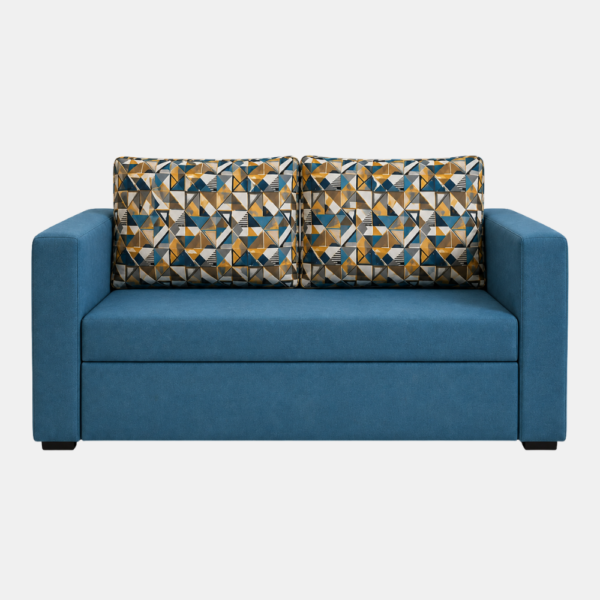 Linear blue sofa cum bed with geometric print cushions, front view