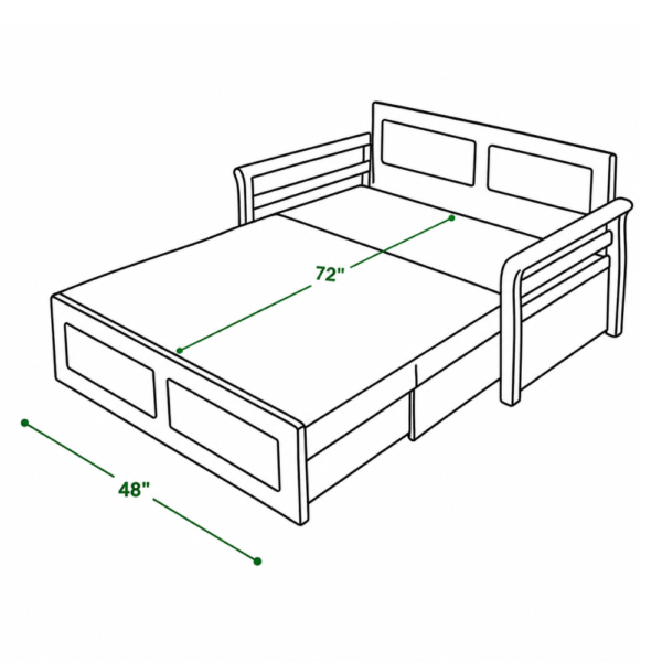 Nirva sofa cum bed in bed mode dimensions — 72 inch length, 48 inch width