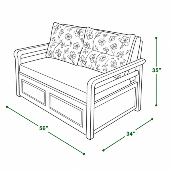 Nirva sofa cum bed dimensions — 56 inch width, 34 inch depth, 35 inch height