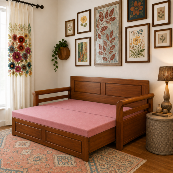 Nirva sofa cum bed converted into a spacious bed with wooden frame