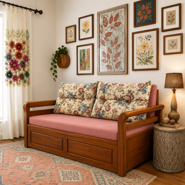 Nirva wooden sofa cum bed with storage styled in a floral-themed living room