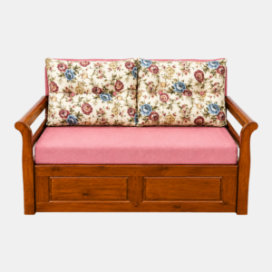 Nirva wooden sofa cum bed with storage in pink floral upholstery, front view