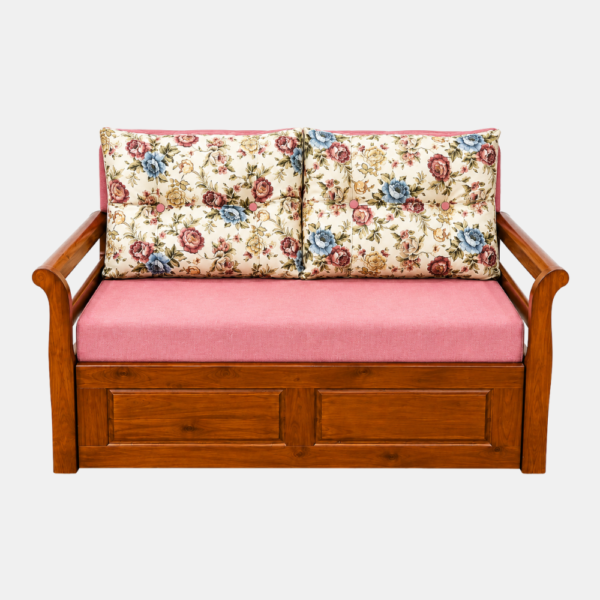 Nirva wooden sofa cum bed with storage in pink floral upholstery, front view