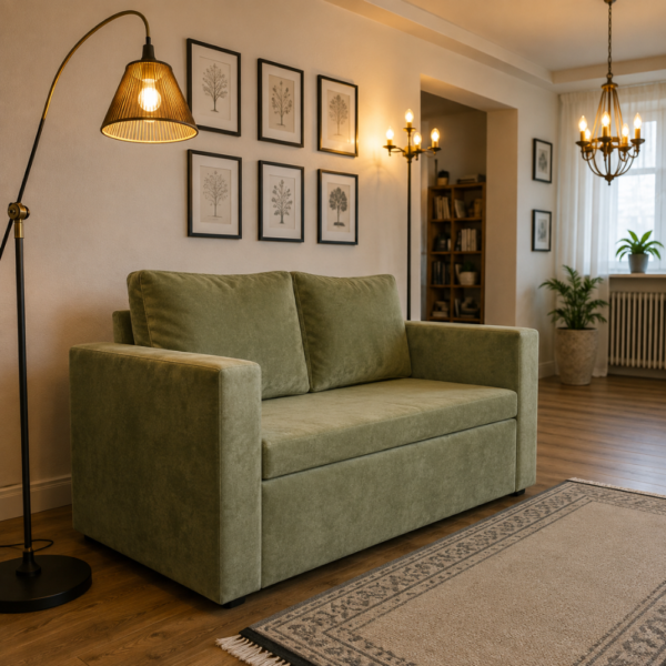 Parker green sofa cum bed styled in a modern living room