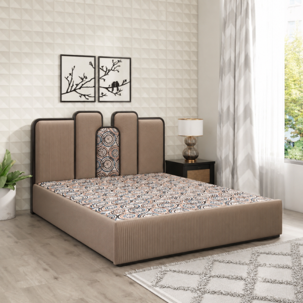 Tangles diwan cum bed with panelled headboard and patterned bedding