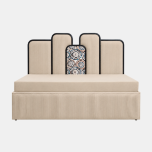 Tangles beige diwan cum bed with storage and panelled headboard, front view