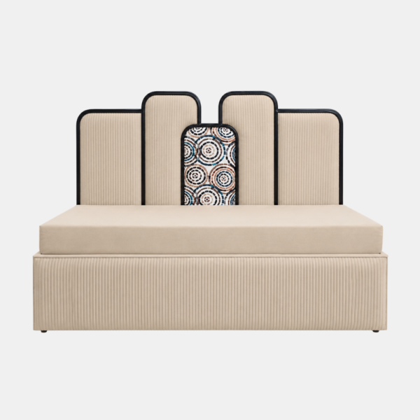 Tangles beige diwan cum bed with storage and panelled headboard, front view