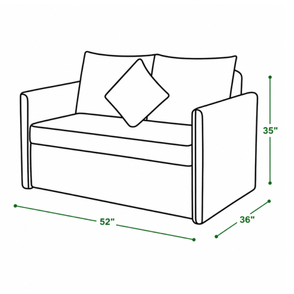 Blaine sofa cum bed dimensions — 52 inch width, 36 inch depth, 35 inch height